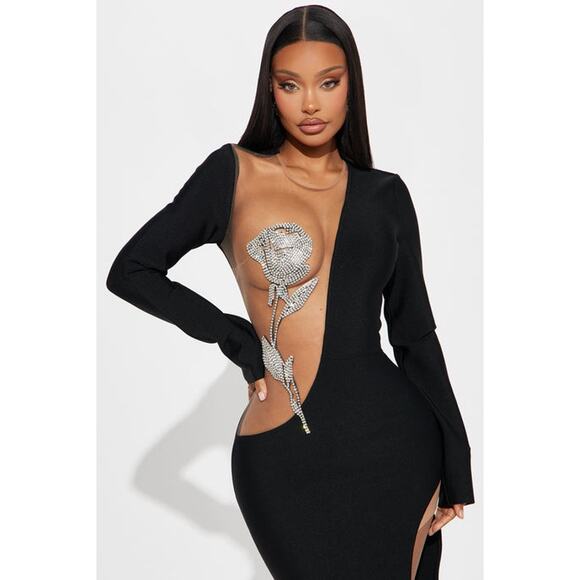 Fashion Nova - Mary Embellished Rose Maxi Dress - Black - SMALL - Picture 2 of 6